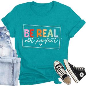 Be Kind Shirt for Women Be Real Letter Print T-Shirt Funny Kindness Matter Tee Top Cyan, Small