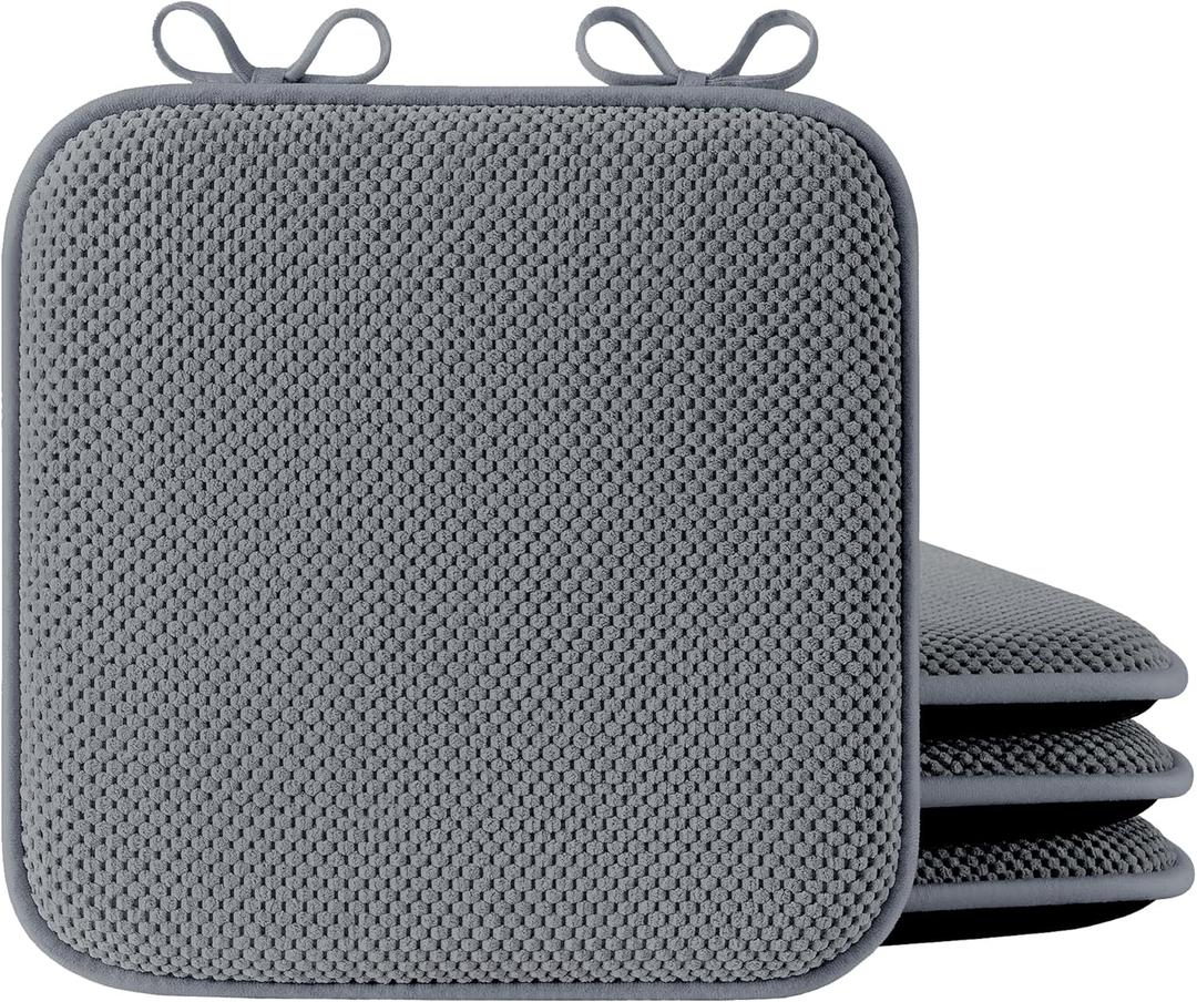 Puredown Chair Cushions for Dining Chairs, Set of 4 Memory Foam Seat Cushions with Non-Slip Backing & Ties, 16" x 16" x 1.5", Comfortable & Supportive Dining Chair Pads for Kitchen, Grey
