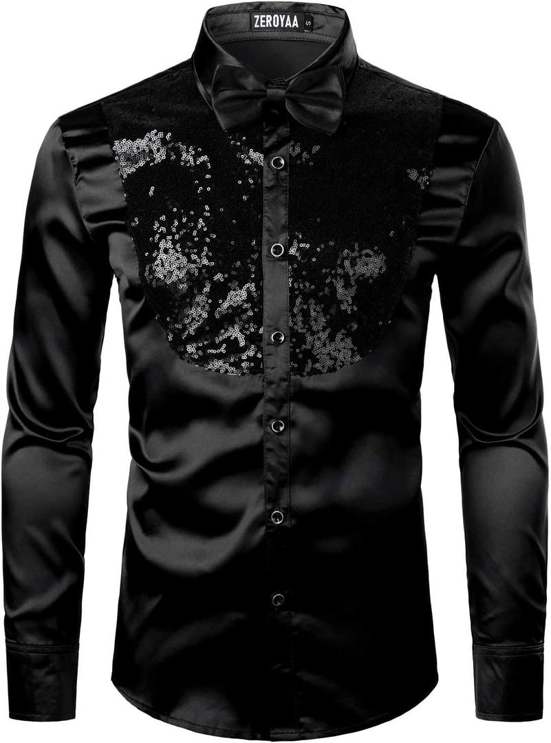 ZEROYAA Men's Shiny Sequins Design Silk Like Satin Button Up Disco Party Dress Shirts (Medium)