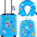 Sanwuta 4 Pcs Kids Luggage Set Carry On Rolling Suitcase Backpack Neck Pillow Travel Set Gift for Girls Boys Summer Camp(17 Inch,Astronaut Style,Blue)
