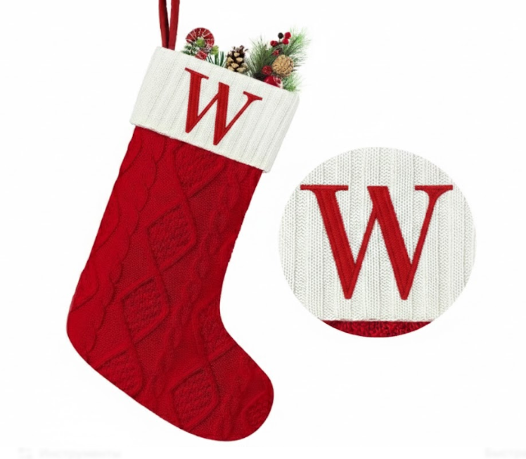 Senneny Christmas Stockings with Initials, 20 Large Embroidered Monogram Knitted Stockings for Family, Kids, Xmas Holiday Party Gifts & Decoration for Fireplace, Letter W