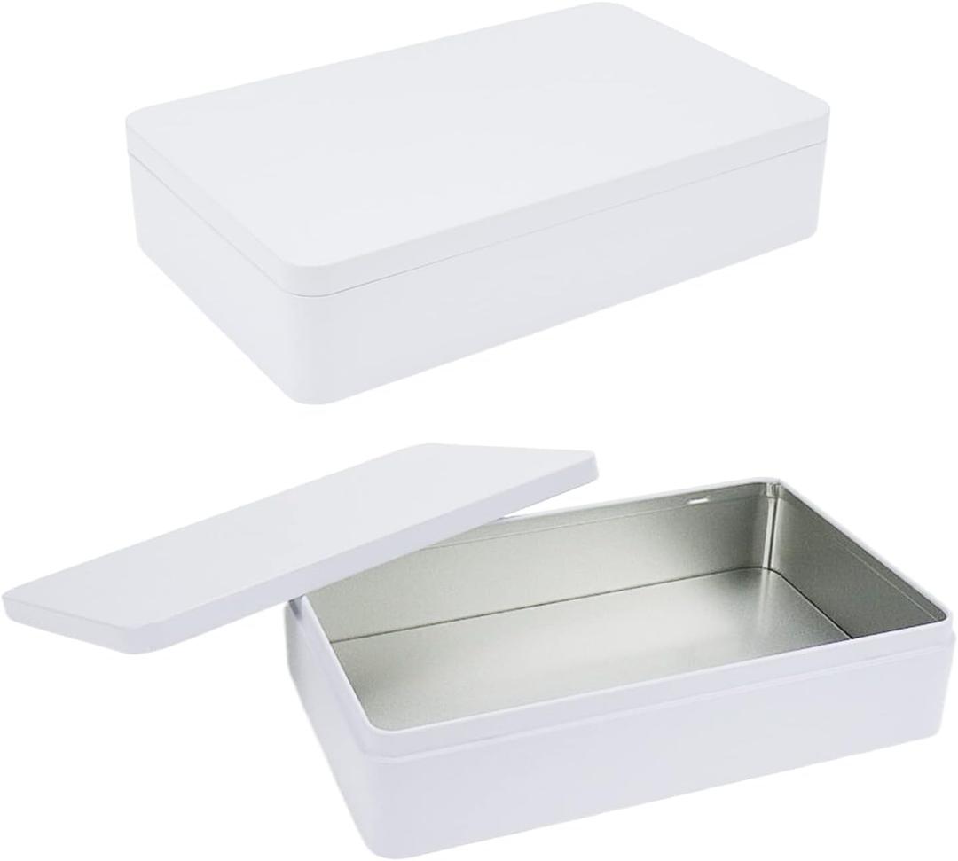 Coshar Rectangular Tin Box Containers with Lid, Large Empty Tin Can Storage Organizer for Cosmetics, Snacks, Candies, Herbs and Underwear, 8.5" x 5.3" x 2" (2Pack, White)