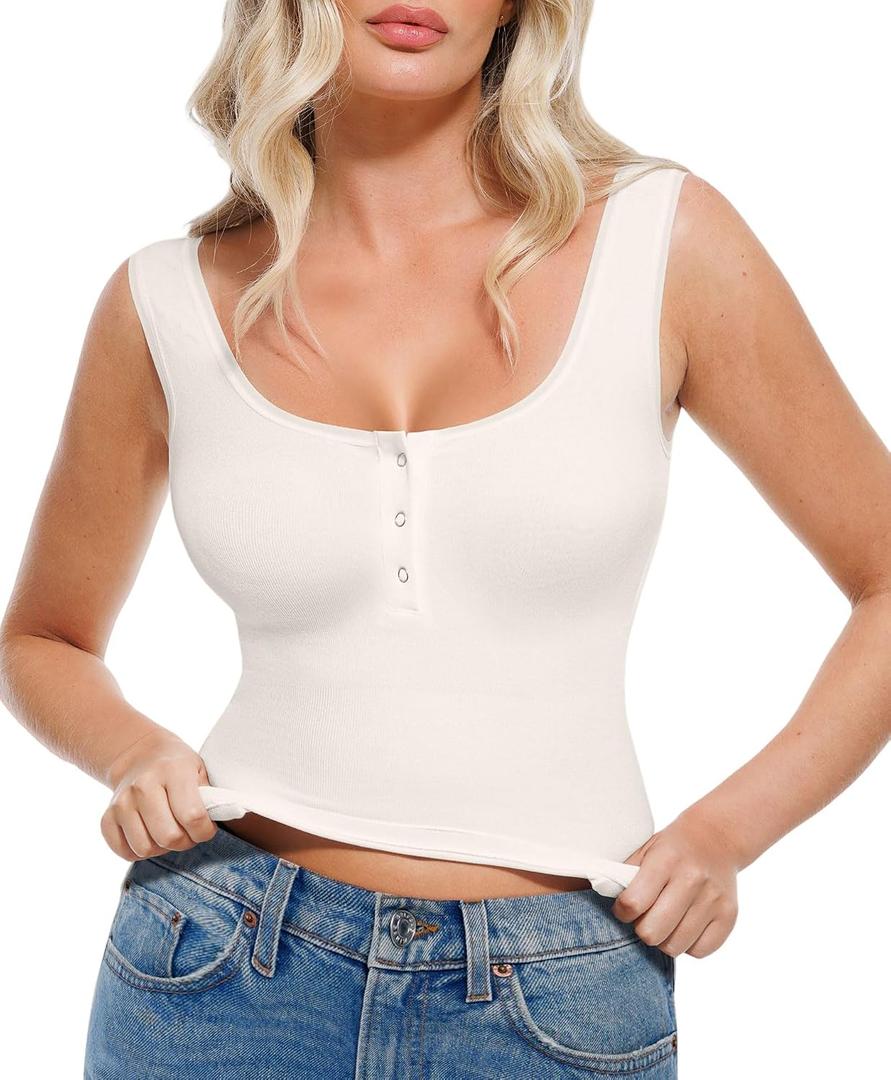 Popilush Tank Tops for Women Sleeveless Square Neck Cute Cami Shirts (White, XS)