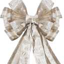 Christmas Tree Topper Bow Flower, Glitter Mesh Ribbon Patterns and Cute Flower Design, 50 X 12 Inch Christmas Decor Handmade Bow for Home, Wedding, Birthday Party, Holiday Decor (Champagne Gold)