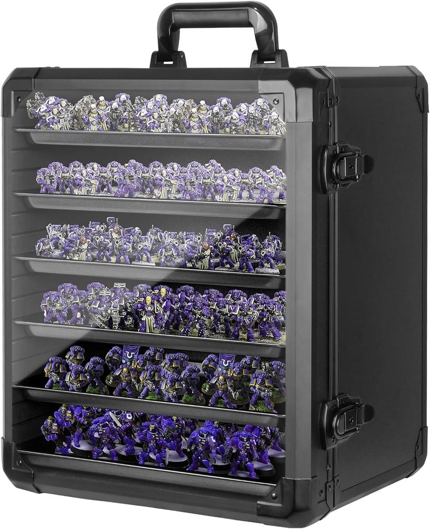 Miniature Carrying Case, Miniature Storage Case with 6 Trays, Aluminum Alloy Frame, Display and Transport Action Figure Display Case for Collectibles Miniatures, Warhammer Carrying Case
