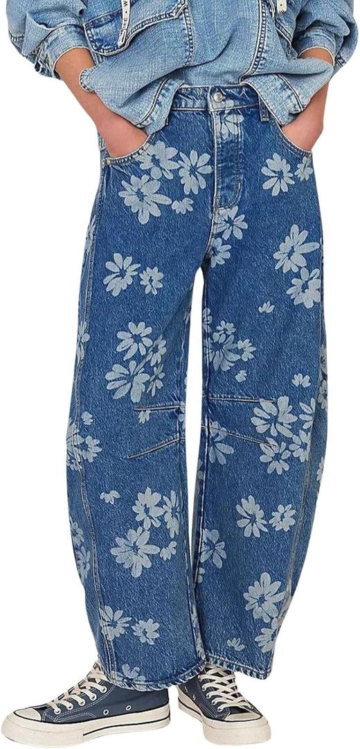 loveimgs Women Y2k Distressed Barrel Jeans Baggy Wide Leg Jeans Floral Printed Boyfriend Patchwork Denim Pants (Blue, XXL)