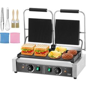 VEVOR Commercial Panini Grill, 3600W Electric Sandwich Panini Maker, Stainless Steel Double Sandwich Press Grill, Panini Grill with Temp Control & 19"x9" Flat Enamel Plate for Hamburger Steak Bacon