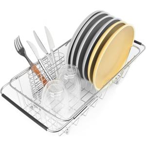 Sink Dish Drainer Rack, Expandable 304 Stainless Steel Dish Drying Rack Organizer with Stainless Steel Utensil Rack, Adjustable 14.96" to 20.59" Inside The Sink (up to 7 Upright Utensils).