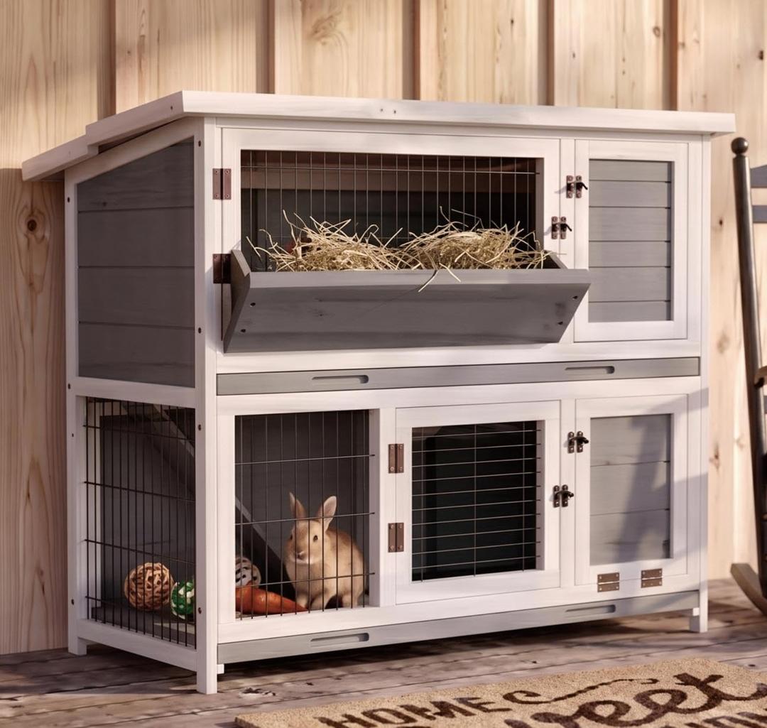 STILLCOVE Large Rabbit Hutch Outdoor: 2-Story Bunny House with Hay Feeder