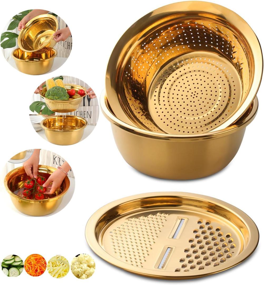 3PC/Set Colander set Stainless Steel Vegetable Slicer Fruit Potato Peeler Carrot Grater Strainer Utensil Round Rice Washer Bowl Drain Basket-Gold