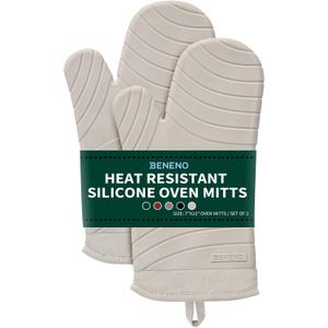 Beneno Heat Resistant Silicone Oven Mitts BPA-Free, Non-Slip Textured Grip & Quilted Cotton Lining, Waterproof Kitchen Mitt 2-Pack Set, 7"x13", Beige