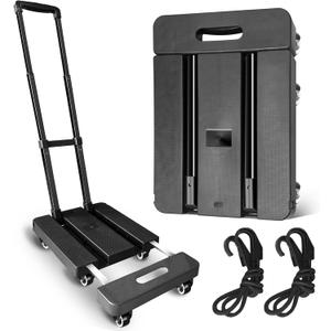 Folding Hand Truck,VDHU 650LB Heavy Duty Dolly Cart,Portable Utility Dolly 6 Wheels Luggage Cart with 2 Elastic Ropes,Extendable Platform Truck for Luggage, Travel, Moving Office Use, Black (Sixrounds-New)