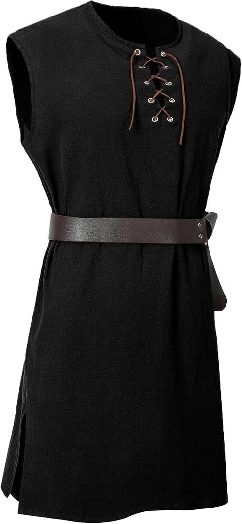 Medieval Tunic Men Renaissance Pirate Shirt Sleeveless Lace Up for Viking Knight Warrior LARP (X-Large, Black)