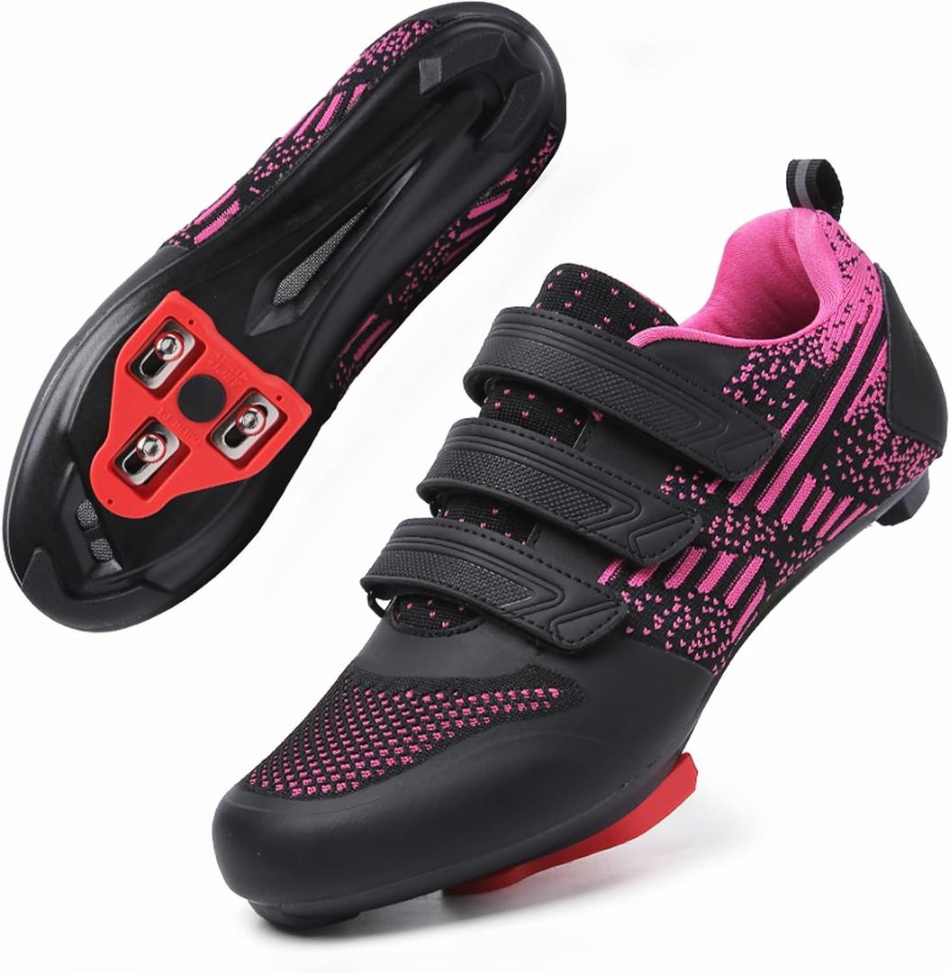 Unisex Road Bike Cycling Shoes Compatible with Peloton Shimano SPD Bike Riding Shoes for Men Women, 3 Straps, Pre-Installed Delta Cleats for Indoor Outdoor Cycling Biking Size 7 (BLPink)