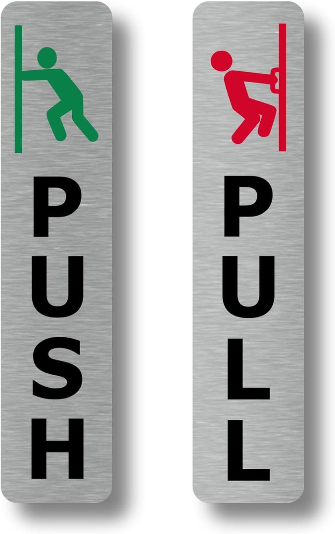 Pair of Silver Push & Pull, Strong Adhesive, Aluminium Door Signs - Generic Door Sign for business, restaurants, bars, hotels, schools, cafe. Shipped Globally. (1.9" wide x 7.6" high)