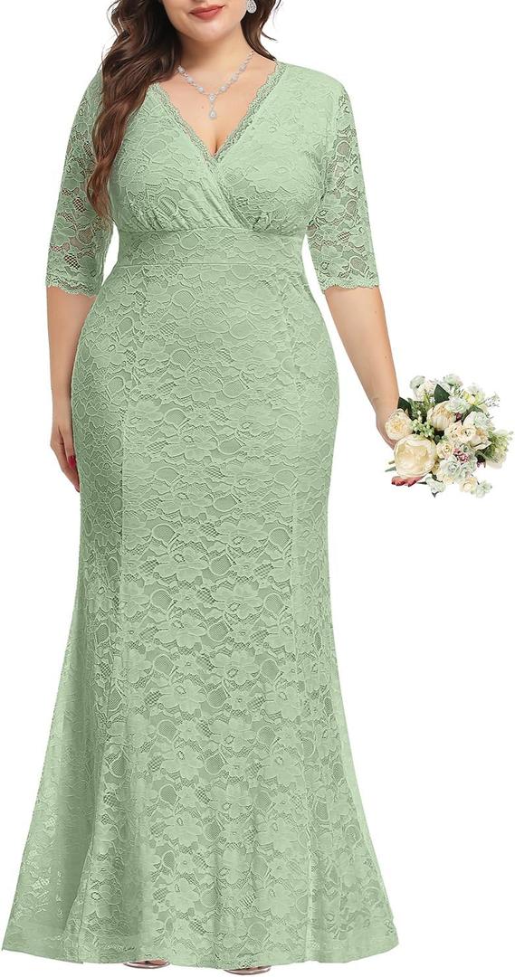 Wedding Dresses for Bride Plus Size - Mermaid Formal Evening Gown Wrap Neck Lace Dress (Sage Green), 14 Plus