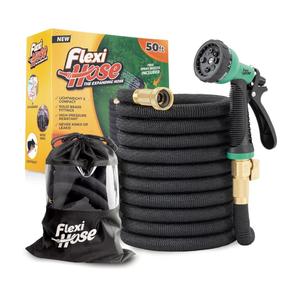 Flexi Hose Expandable Garden Hose with 8 Function Nozzle, 50FT - Lightweight Retractable Garden Hose, Water Hose - No-Kink Flexibility, 3/4 Inch Solid Brass Fittings and Double Latex Core