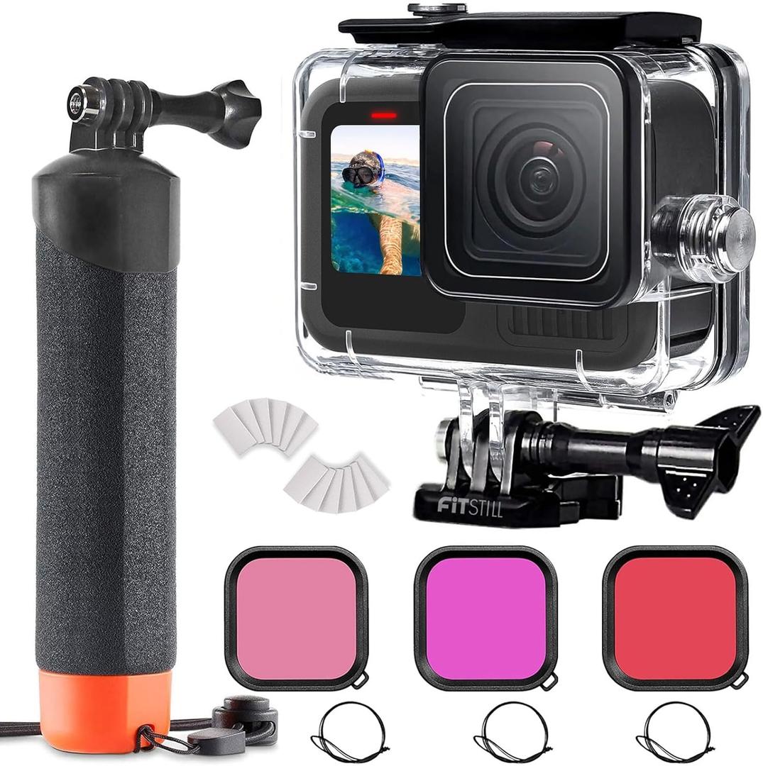 FitStill 60M/196FT Underwater Waterproof Protective Case for Go Pro Hero 13 Hero 12 Hero 11 Hero 10 Hero 9 Black,3Pack Filter Monopod Floating Hand Grip Selfie Stick Hero13/12/11/10/9 Black Accessory