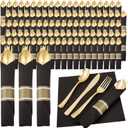 Supernal 120-Pack Pre-Rolled Silverware Set, Wrapped Disposable Silverware Set, Disposable Utensils Includes 120 Plastic Forks and Spoons, 120 Plastic Knives, 120 Napkins for Wedding, Birthday, Party (Black and Gold)