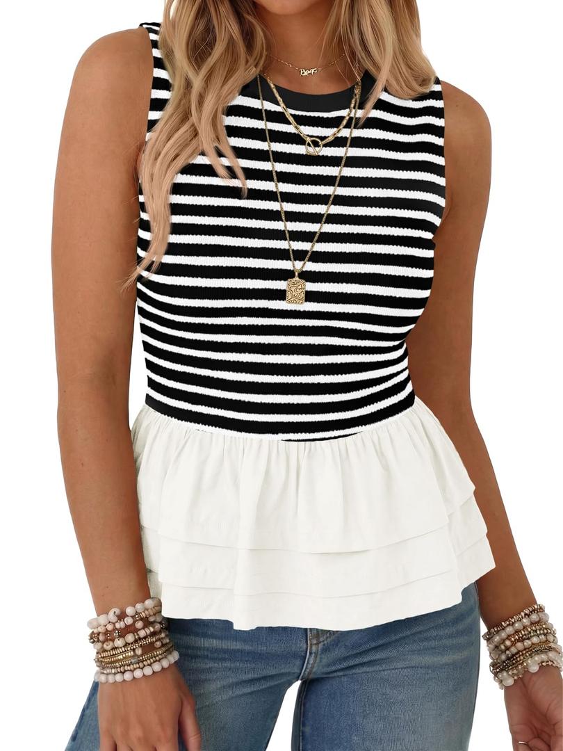 Tankaneo Womens Summer Striped Peplum Tank Tops White (Black, L)