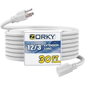 30ft Indoor Outdoor Extension Cord - 12/3 SJTW Heavy Duty Extension Cable with 3 Prong Grounded Plug for Safety -15Amp 1875W White Electric Cord Great for Garden, Appliances