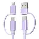 Basesailor for Samsung Galaxy S25 Cable,4-in-1 USB C Charger Cable 6.6FT for S24 S23 S22 Plus Ultra,60W Fast Multi Charging Cord with USB A/Lightning Adapter for iPhone 17 16 15 14,iPad Air 4 5,A42, Purple