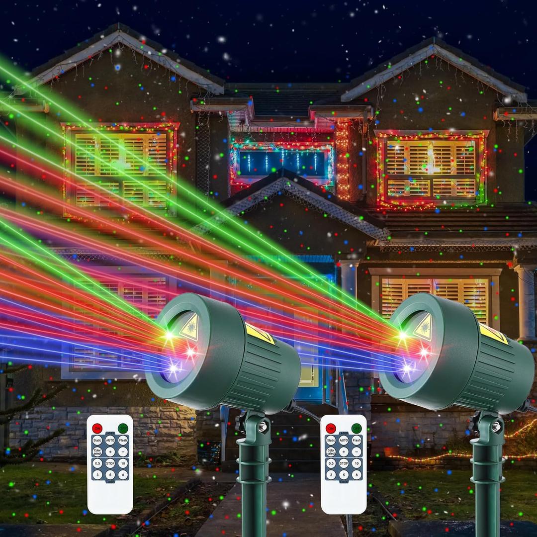 Enhon Christmas Laser Projector Light Show Outdoor, Red Green Blue 3 Color Starry Lights Show, Laser Light with RF Control, IP65 Waterproof Holiday Christmas Outdoor Decor (2 Pack)