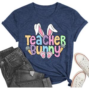 Easter Shirts for Women Happy Teacher Bunny Print Tshirt Funny Rabbit Carrot Graphic Tee Top Blue, XL