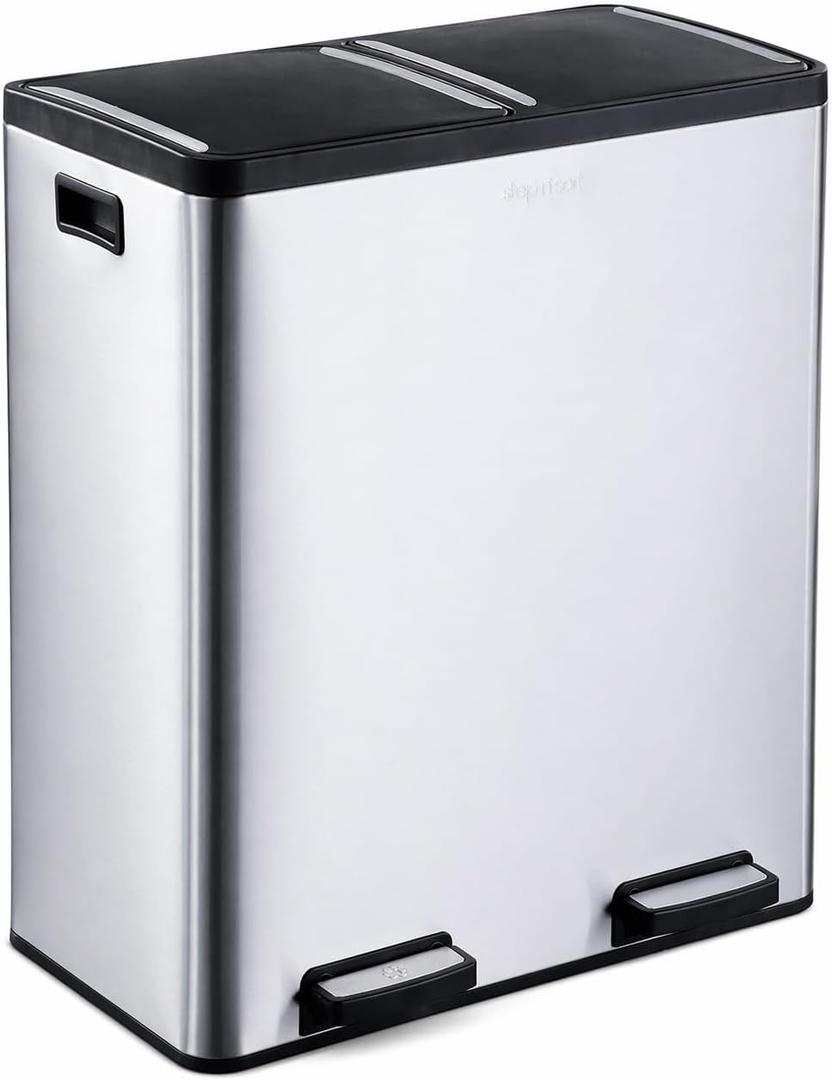 Step N' Sort The 18.5 Gallon Extra Large Capacity, Soft-Step, Dual Trash and Recycling Bin with Removable Inner Bins, Silver