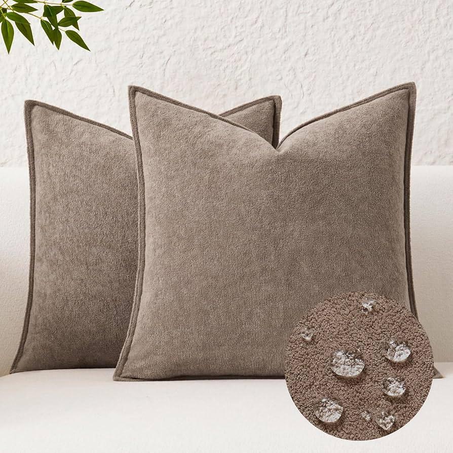 Kevin Textile Waterproof Decorative Pillow Covers Taupe 18x18 Inch Pack of 2 Soft Boucle Textured Throw Pillowcases Elegant Accent Pillows for Couch Sofa Chair Bed Home Decor Indoor Outdoor