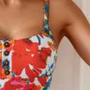 B2prity One Piece Swimsuit for Women Tummy Control Retro Bathing Suit Button Up Slimming Swimwear (X-Large, Red Floral Print)