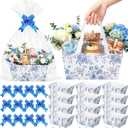 Funnymoom 12 Pcs Blue Floral Gift Baskets Empty with Cellophane Bags and Ribbon Bows, Paper Party Favor Baskets for Garden Party, Baby Shower, Spring Picnic, Birthday, 9.8 x 6.5 Inch