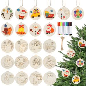 Christmas Crafts for Kids, 24 Pcs DIY Wooden Christmas Ornaments Art Craft Supplies Painting Kit for Boys Girls Ages 4-8 8-12 Stocking Stuffers Party Favors Gifts Holiday Xmas Tree Hanging Decorations