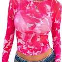 PRETTYGARDEN Women's Mesh Long Sleeve Spring Top 2026 Trendy Summer See Through Sheer Blouse Fitted Going Out Layering Shirts S