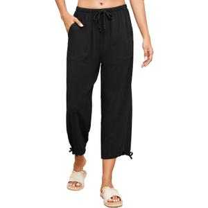 Famulily Womens Capri Pants High Waisted Wide Leg Lounge Linen Pant Drawstring Causal Palazzo Trousers with Pockets (XX-Large, Black) Famulily Womens Capri Pants High Waisted Wide Leg Lounge Linen Pant Drawstring Causal Palazzo Trousers with Pockets (XX-Large, Black)