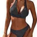 Women's Mid Rise Bikini Suit Halter Neck V Tie Push Up Front Classic Polka Dot Two Swimsuit, M