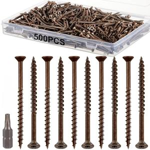 Blulu 500 Pcs Deck Screw 2.5 Inch, # 8 x 2-1/2'' Wood Screw Set, Brown Deck Rust Resistant with 1 Drill Bit Suitable for Large Fences, Pergolas, Stairs, Platforms, Outdoor Furniture Assembly