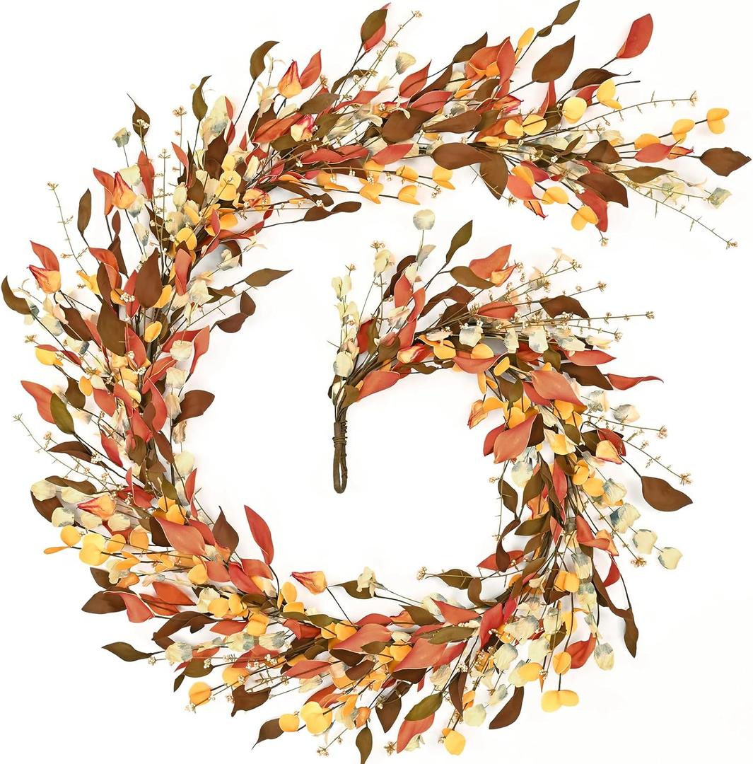 Fall Decor, Fall Garland with Lights, 6FT Autumn Eucalyptus Leaves Lighted Garland Thanksgiving Harvest Festival Decorations for Home Mantle Porch Outdoor Indoor Wedding Table Wall Arch Decor
