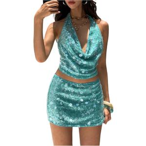 Floerns Women's Sequin Halter Tops Sleeveless Deep V Neck Beaded Club Night Out Tank Top Green Medium