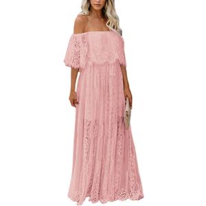 HOYISHION Women's Off The Shoulder Floral Lace Maxi Dress White Bridesmaid Wedding Party Maternity Photoshoot Long Dresses (Pink, M)