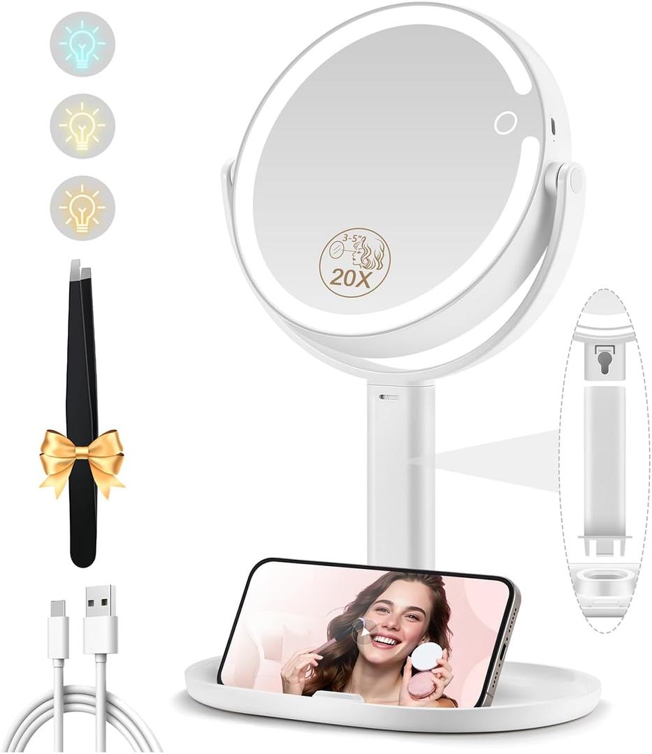 Makeup Mirror with Lights, Double Sided 9x/1x Magnifying Mirror with Light, Rechargeable 3 Color Lights and Adjustable Brightness, 360° Rotation Detachable Comes with Tweezer(White)