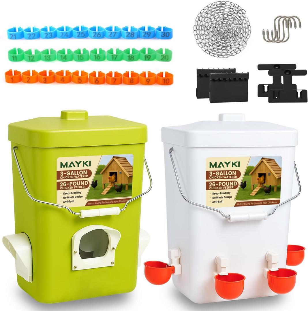 Chicken Feeder and Waterer Set, 3 Gallon/26 LB No Waste Poultry Feeding System with Hanging Option, Automatic Coop Accessories for 10 Hens, Upgraded Feeder Port Water Cup, BPA-Free Winter Design