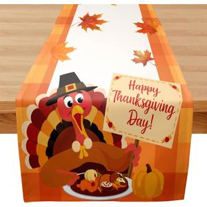 13" x 72" Thanksgiving Turkey Table Runner - Happy Thanksgiving - Rustic Farmhouse Kitchen Dining Coffee Tabletop Decoration - Fall Maple Leaves Table Runner Dresser Scarves for Home Party - A09