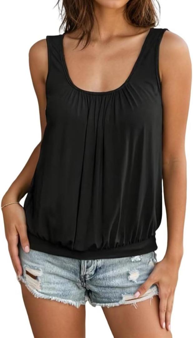 Fashion Ruched Tank Tops Womens Summer Casual Sleeveless Solid Color Loose Fit Tank Tops Loose Fit Banded Bottom Top (X-Large, Black)