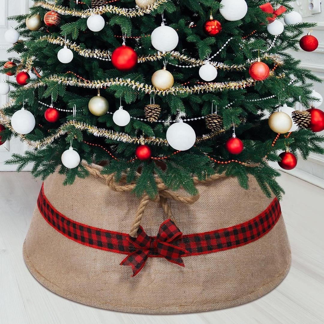 Outus Farmhouse Burlap Christmas Tree Collar Rustic Christmas Tree Ring Easy Set Up for Holiday Xmas Decor(Ribbons)