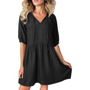 Dokotoo Denim Dress for Women Short Puff Sleeve V Neck Solid Babydoll Jean Dresses (S)