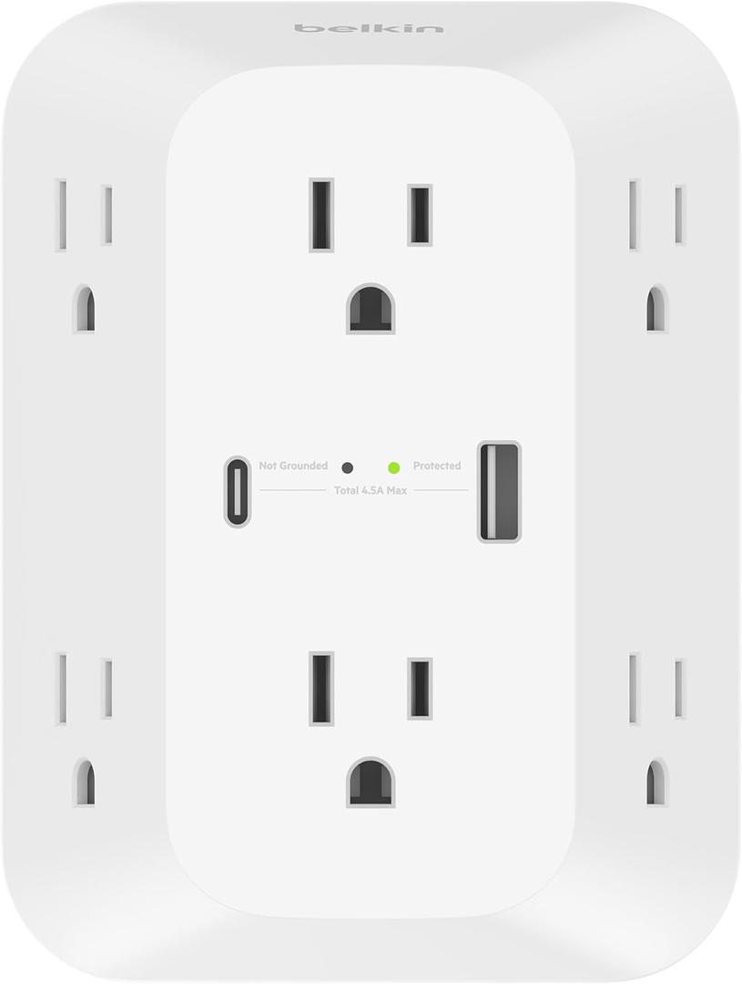 Belkin 6-Outlet Surge Protector Power Strip, ETL-listed, Wall-Mountable w/ 6 AC Outlets, Overvoltage Protection, LED Indicator, USB-C & USB-A Ports w/ USB-C PD Fast Charge - 1,680 Joules of Protection