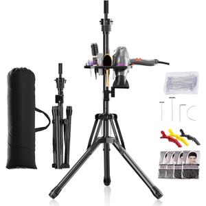 Wig Head Stand Tripod - Reinforced Mannequin Stand, Adjustable Height 31" - 57" Wig Stand for Styling, Cosmetology Hairdressing Training with Wig Caps, T-Pins Hair Clips