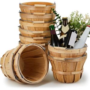 Marsui 10 Pcs Round Wooden Berry Baskets Small Bushel with Handles for Gifts Empty Basket Fruit Buckets for Picking Strawberry Fruits Flowers Crafts Home Wedding (Natural Wood)