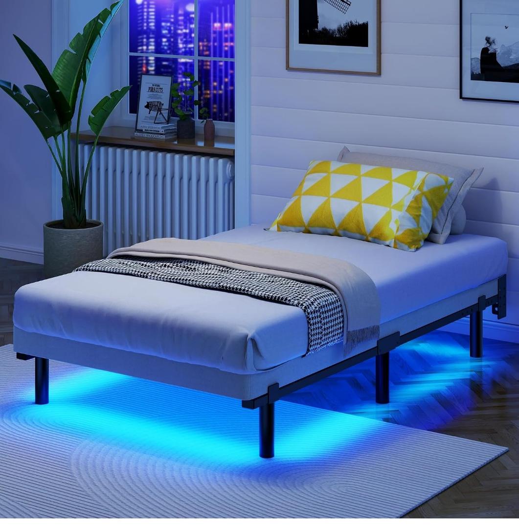 Awesofurni Twin Bed Frame with Smart LED Lights, 7 Inch Basics Metal Bed Frame, Heavy Duty 9-Leg Base for Box Spring and Mattress, Noise-Free, Easy Assembly, Black